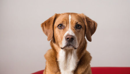 A brown and white dog stares intently at the camera, its head tilted slightlyの素材