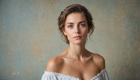 A woman with brown hair and blue eyes looks directly at the camera in a studio portraitの素材