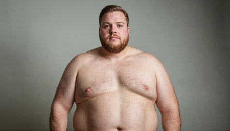 A man with a beard stands shirtless in front of a gray backgroundの素材