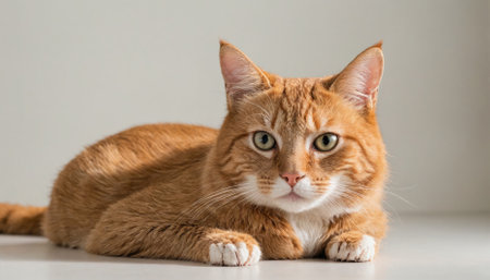 A ginger cat lies on a white surface, staring intently at the camera with large, green eyesの素材