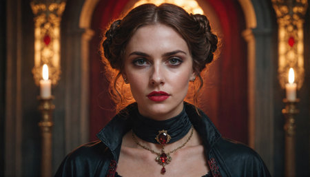 A woman in a dark, elegant dress stands in a dimly lit room, her red lips and intense gaze capturing the viewers attentionの素材