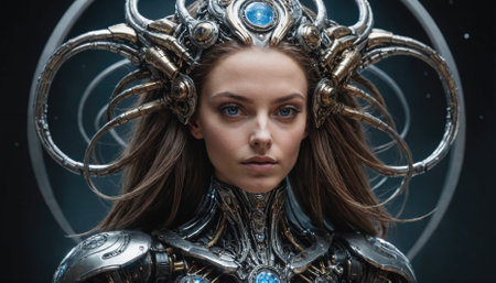 A woman with a metallic headpiece and armor stares intensely into the camera, the blue jewel in her crown reflecting the lightの素材