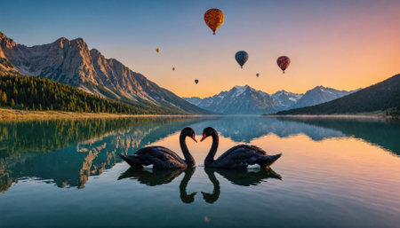 Two black swans form a heart shape with their necks on a still lake at sunrise with hot air balloons in the skyの素材