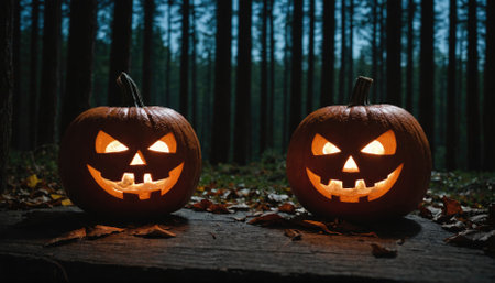 Two lit jack-o-lanterns sit on a wooden path in the woods at nightの素材