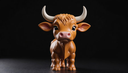 A brown, ceramic bull figurine stands on a black backgroundの素材