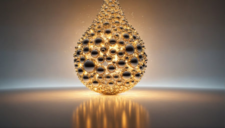 A golden sphere made of smaller spheres sits on a reflective surface, radiating a warm glowの素材