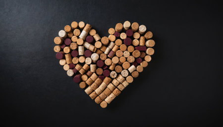 A heart made of wine corks is arranged on a black surfaceの素材