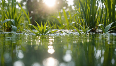 Green plants emerge from a calm body of water, the sun reflecting off the surfaceの素材