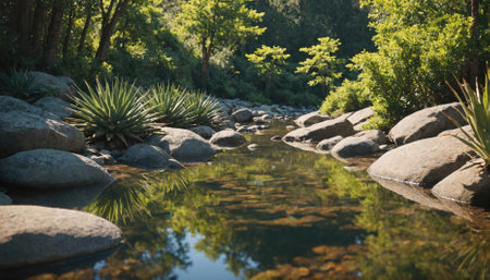 A small creek flows through a lush forest, its clear water reflecting the surrounding greeneryの素材