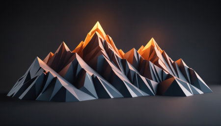 A low-poly mountain range illuminated by a warm glow in the darkの素材