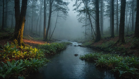 A winding stream flows through a misty forest, the early morning light casting a soft glow on the lush greeneryの素材