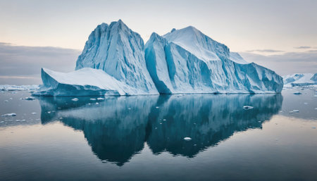 A large iceberg floats in the calm water of the Arctic Ocean, reflecting the sky and the surrounding iceの素材