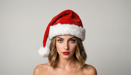 A woman with a Santa hat on is looking at the camera with a serious expressionの素材