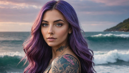 A woman with purple hair and tattoos stands on a beach as waves crash behind herの素材