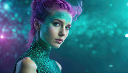 A woman with pink hair and blue eyes poses in front of a teal background with glitter accentsの素材