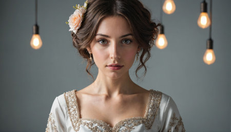 A woman with a flower in her hair looks directly at the camera in a studio with Edison bulbs hanging overheadの素材