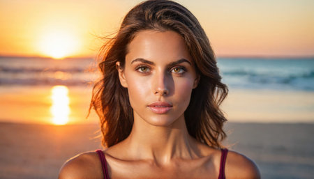 A woman stands on the beach, her brown hair blowing in the wind, as the sun sets over the oceanの素材