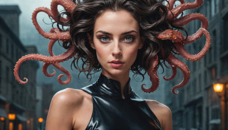 A woman with octopus tentacles for hair stands in a city streetの素材