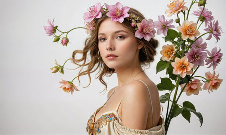 A woman with a flower crown and loose brown hair poses with a bouquet of pink and orange flowers in front of a white backdropの素材