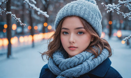 A young woman wearing a blue knitted hat and scarf looks at the camera in a snowy parkの素材