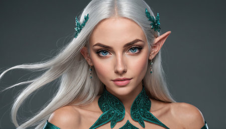 A woman with long white hair and pointed ears looks directly at the cameraの素材