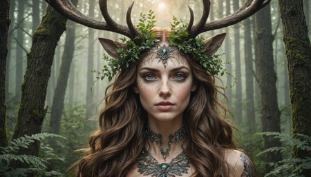 A woman with deer antlers and a leafy crown stands in a misty forestの素材