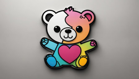 A colorful, cartoon teddy bear sits on a gray background, wearing a patched outfit and a big pink heartの素材