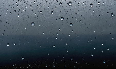 Raindrops cling to a window pane, reflecting the gray sky and hinting at a recent downpourの素材