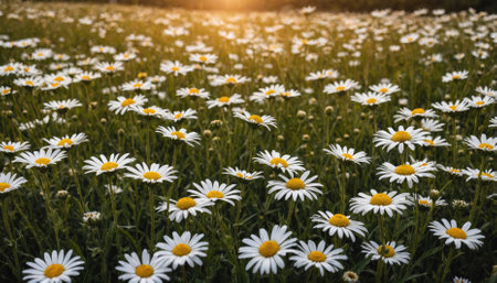 A field of white daisies blooms in the golden light of the setting sunの素材