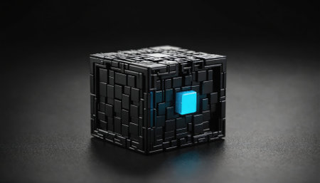 A black cube with a blue square in the center sits on a dark surfaceの素材