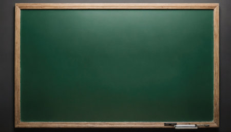 A green chalkboard with a wooden frame is completely empty except for a small pattern of dots in the cornerの素材