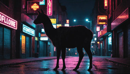 A llama walks down a dark city street at nightの素材