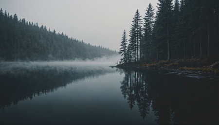 A misty morning in the forest, with a calm lake reflecting the treesの素材