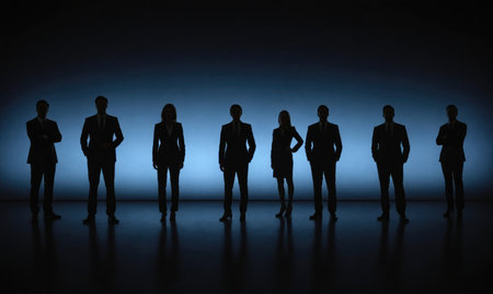Eight people stand in silhouette against a blue light, creating a dramatic and mysterious imageの素材