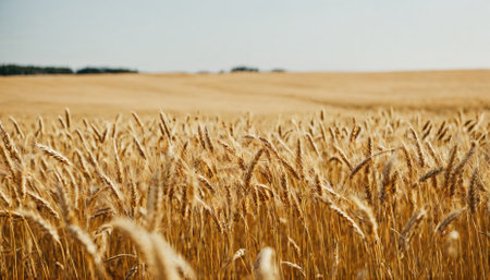 A field of golden wheat sways gently in the breeze on a sunny summer dayの素材