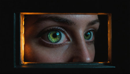 A womans eyes peer through a glowing frame in the darkの素材
