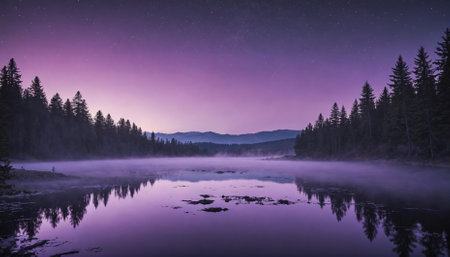 A still lake reflects the purple hues of the twilight sky, with a light fog rolling inの素材