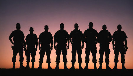 A group of soldiers stand in silhouette against a vibrant sunset, showcasing their unwavering dedication to dutyの素材