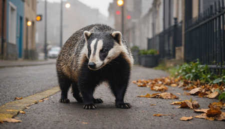 A badger walks down a city street on a foggy dayの素材