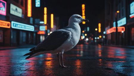A seagull stands on a wet street in the city at night, surrounded by colorful neon lightsの素材
