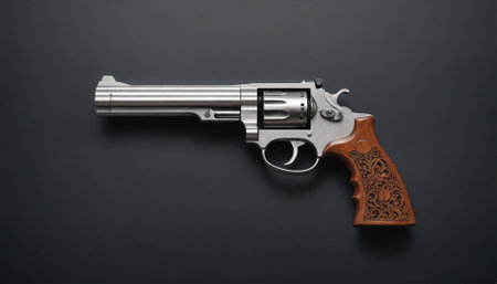 A silver revolver with a carved wooden handle rests on a dark surfaceの素材