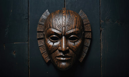 A carved wooden mask hangs against a dark wooden backgroundの素材