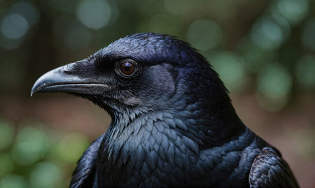 A black crow sits in a forest, its head turned slightly to the sideの素材