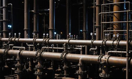 A close-up of industrial pipes in a factory at night, lit by soft lightsの素材