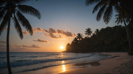 A beautiful sunset over a tropical beach with palm trees and a calm oceanの素材