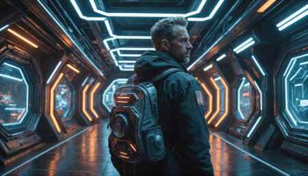 A man walks through a futuristic corridor, illuminated by neon lightsの素材