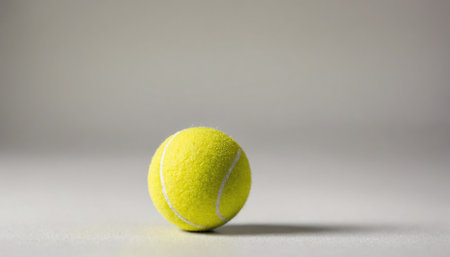 A yellow tennis ball sits on a grey surfaceの素材