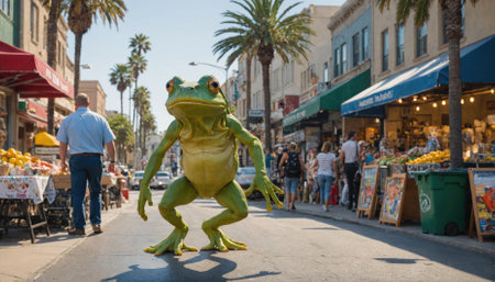 A large frog statue stands on a city street near a produce stand with people walking byの素材