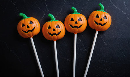 Four pumpkin lollipops sit on a black surfaceの素材