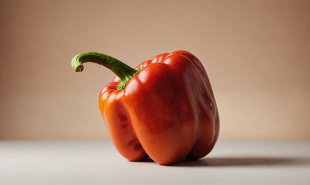 A red bell pepper sits on a white countertop, its stem curved towards the cameraの素材